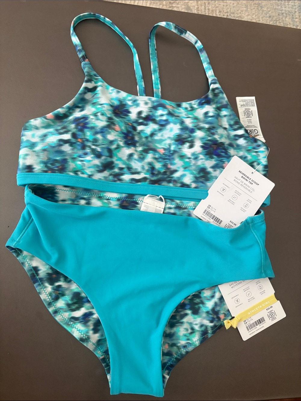 NWT Athleta Girl Tie Dye Set Reversible Scoop Top & Mid Rise swim Bottom Sz 14.